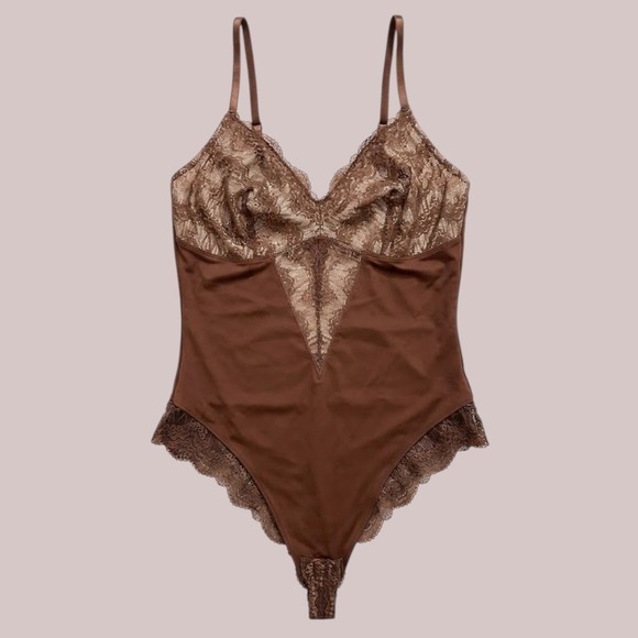 Source Unknown Tops - Brown Lace Trim V-Neck Bodysuit Adjustable Straps XXL Thong Back Stretch